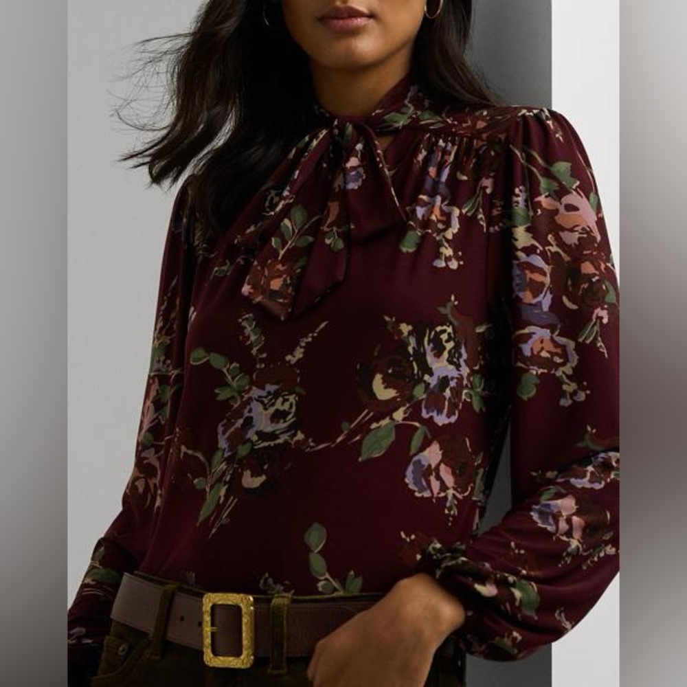 NWT Lauren Ralph Lauren Burgundy Floral Tie-Neck Stretch Jersey Long Sleeve L